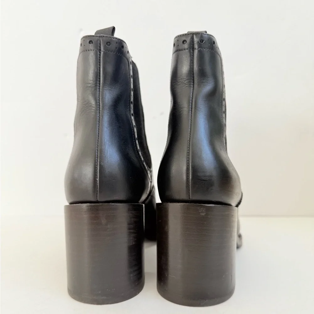 Prada Milano Black Leather Brogue Chelsea Ankle Boots Block Heels EU 39